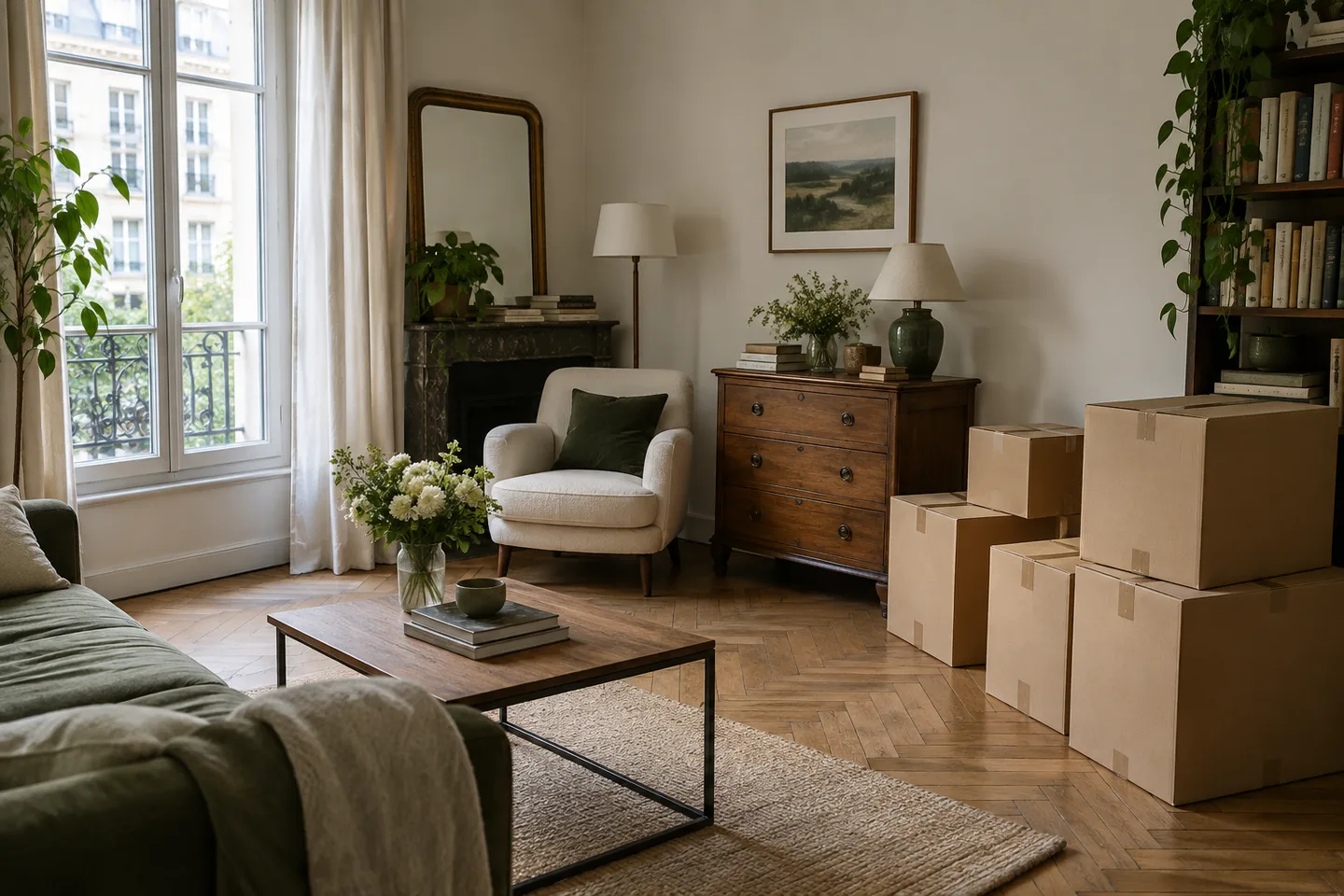 Salon avec fauteuil, buffet et cartons prêts pour un débarras.