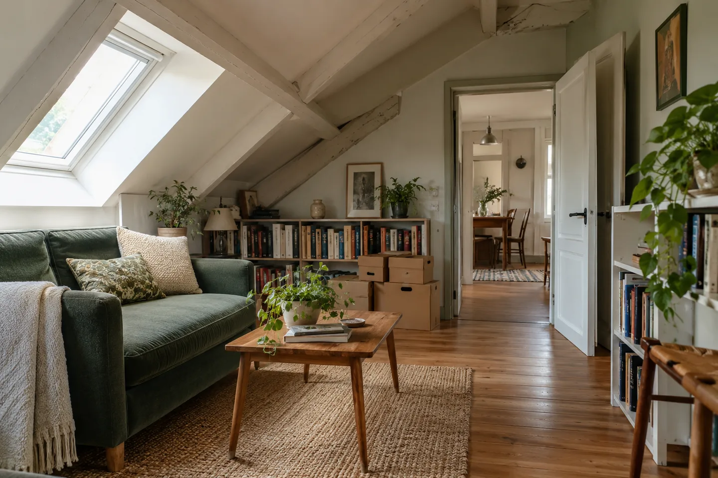 Table, étagères et cartons dans un petit appartement.