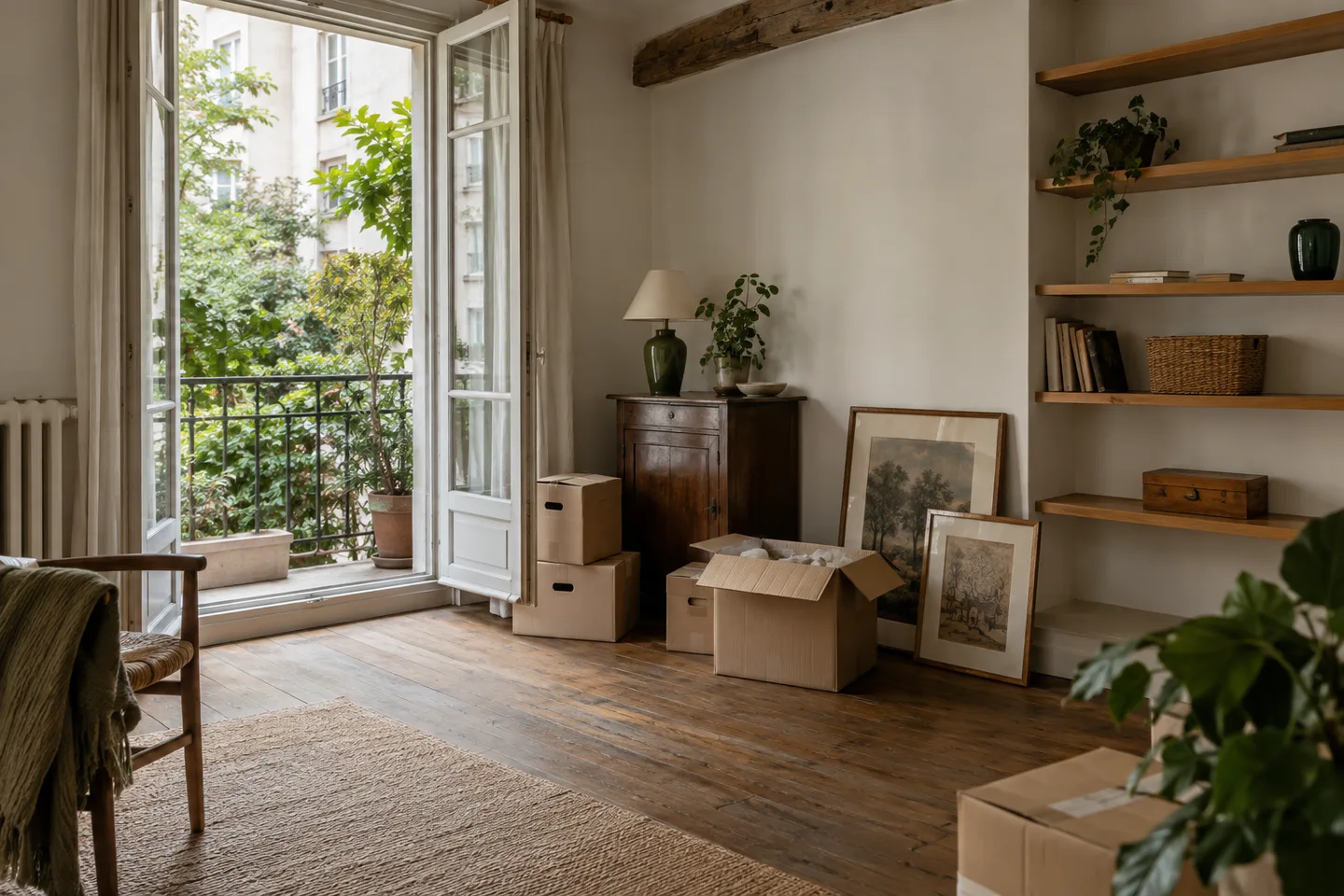 Meubles et objets regroupés dans un appartement avec poutres apparentes.