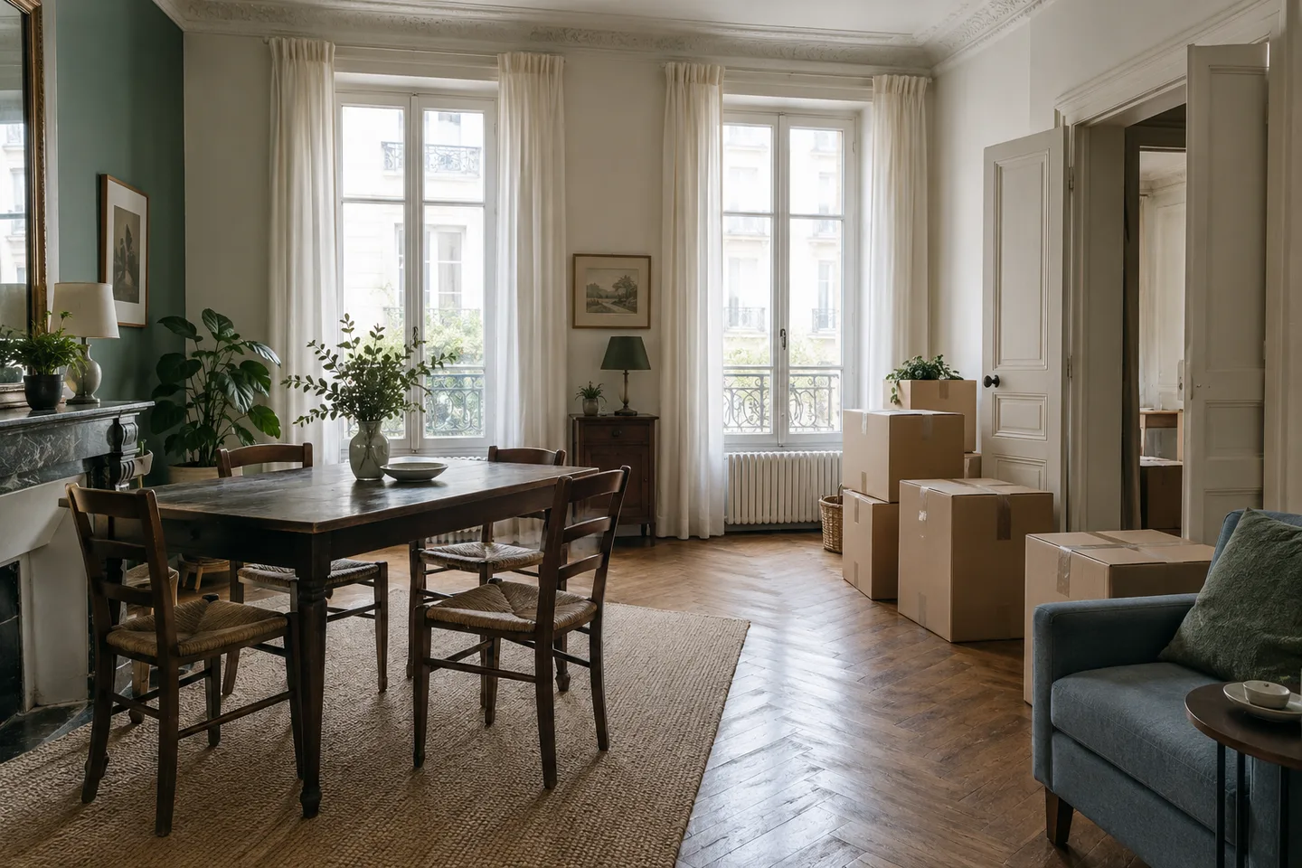 Mobilier et cartons dans un séjour ancien avant enlèvement.