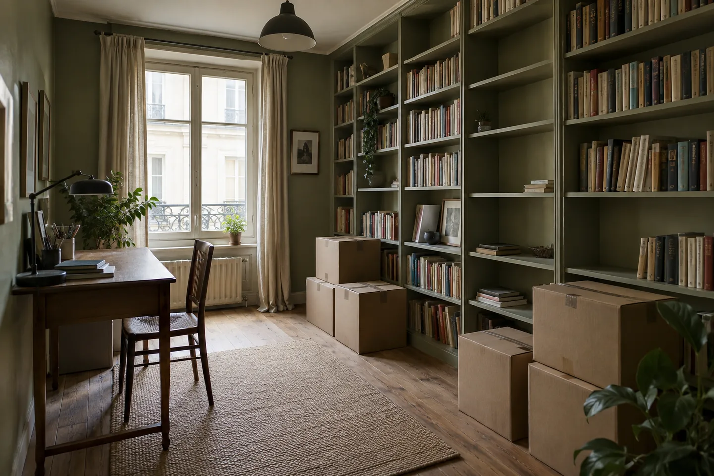 Livres, table et cartons dans un appartement à désencombrer.