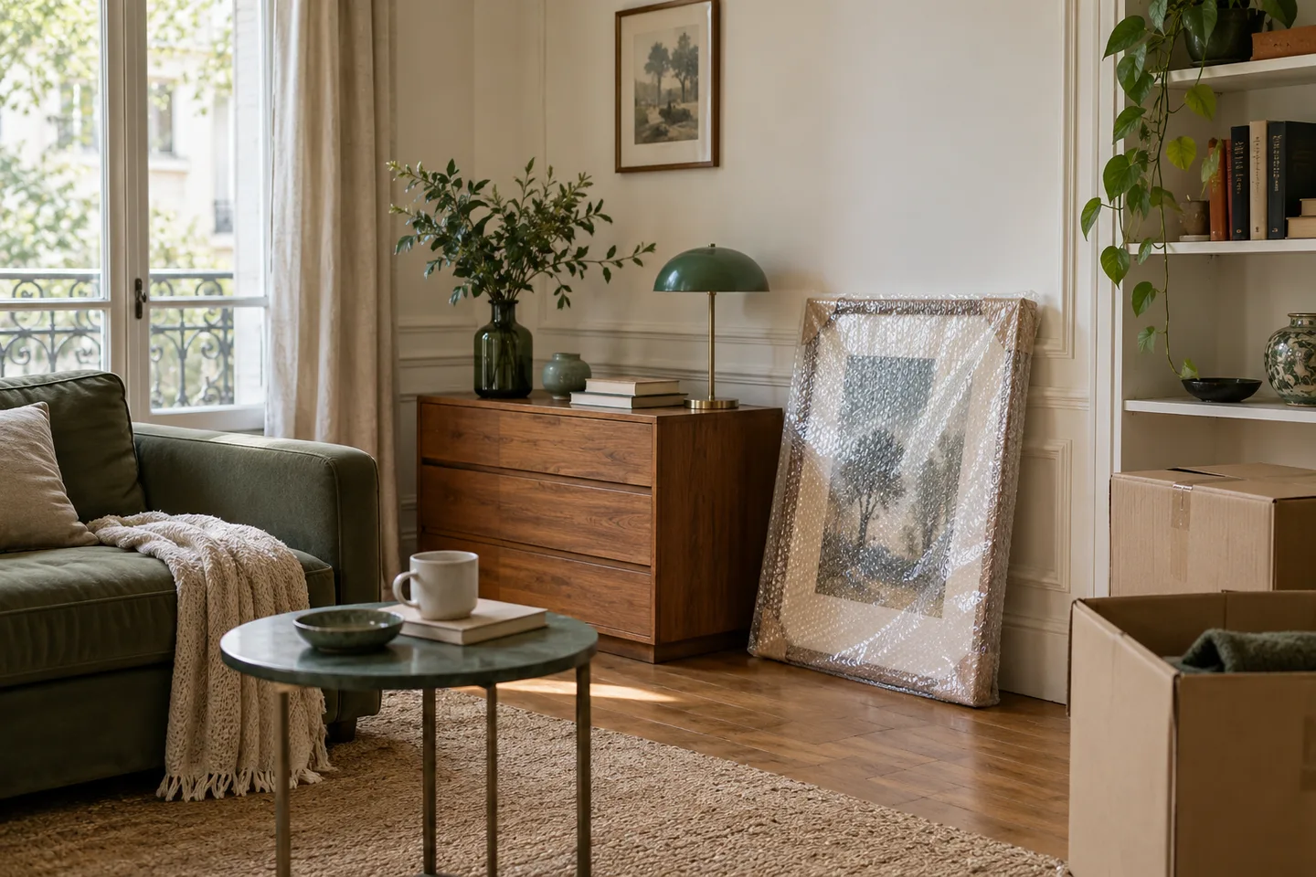 Buffet, fauteuil et cartons dans un salon lumineux.