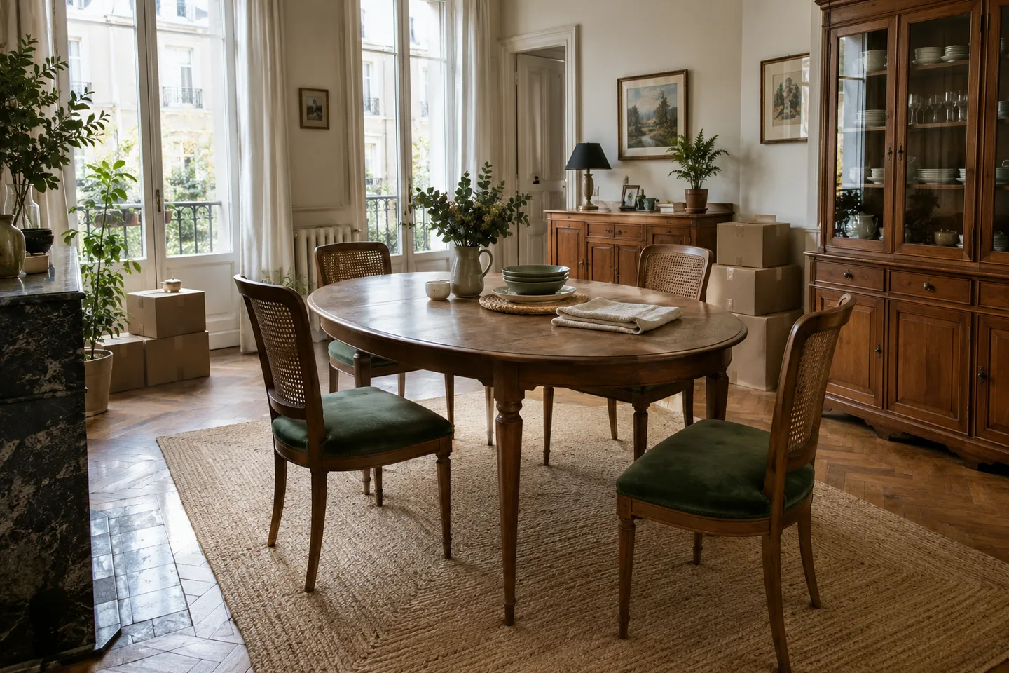 Meubles de salon et cartons préparés avant leur enlèvement.