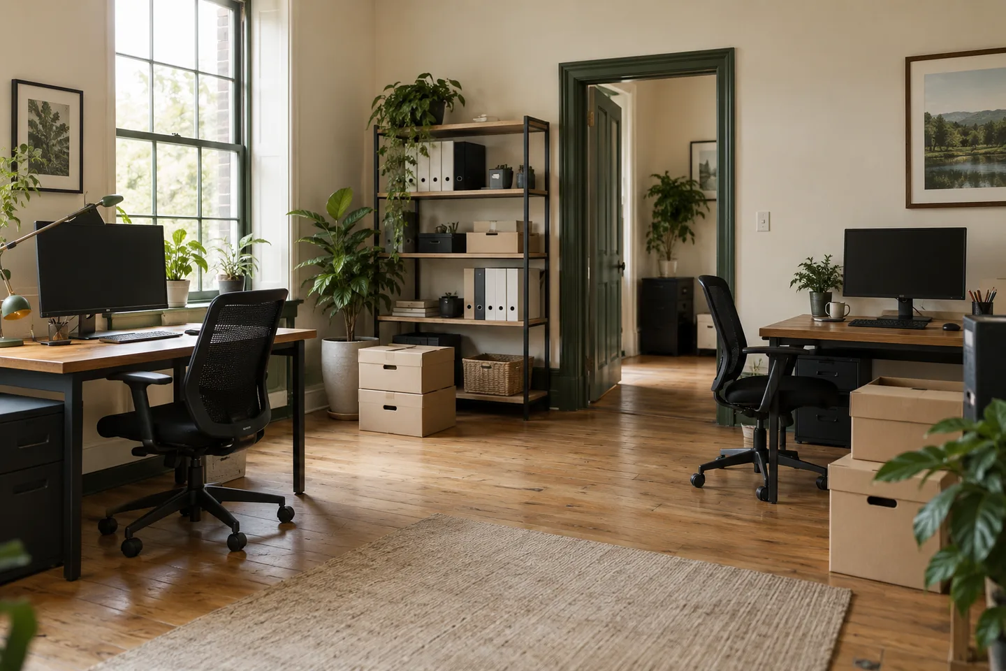 Bureaux, sièges et cartons dans un espace professionnel à vider.