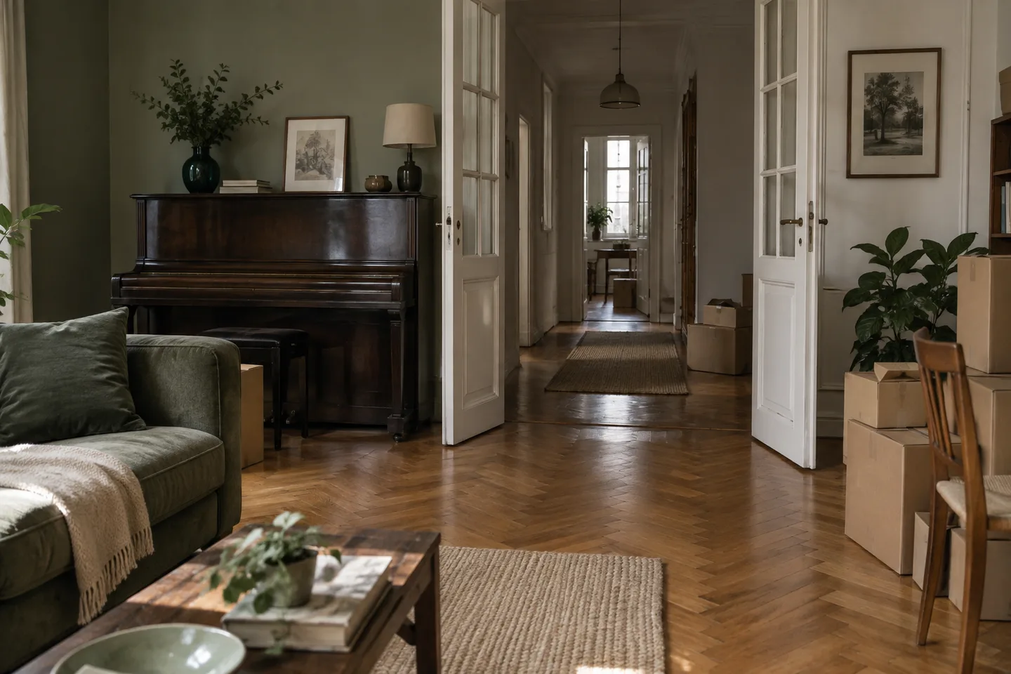 Meubles et cartons dans un appartement avec cheminée.