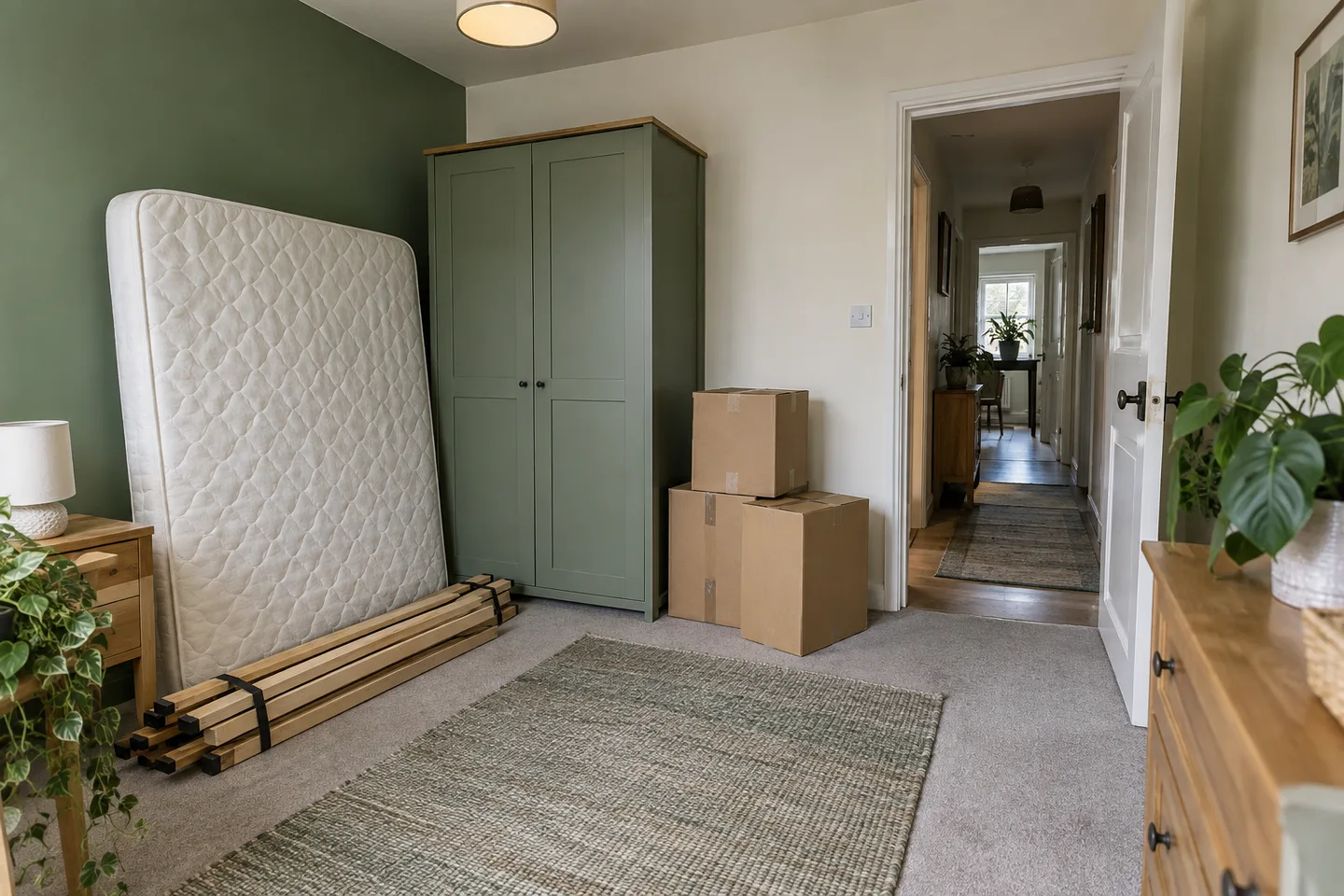 Mobilier de séjour et cartons près d’une fenêtre sur cour.