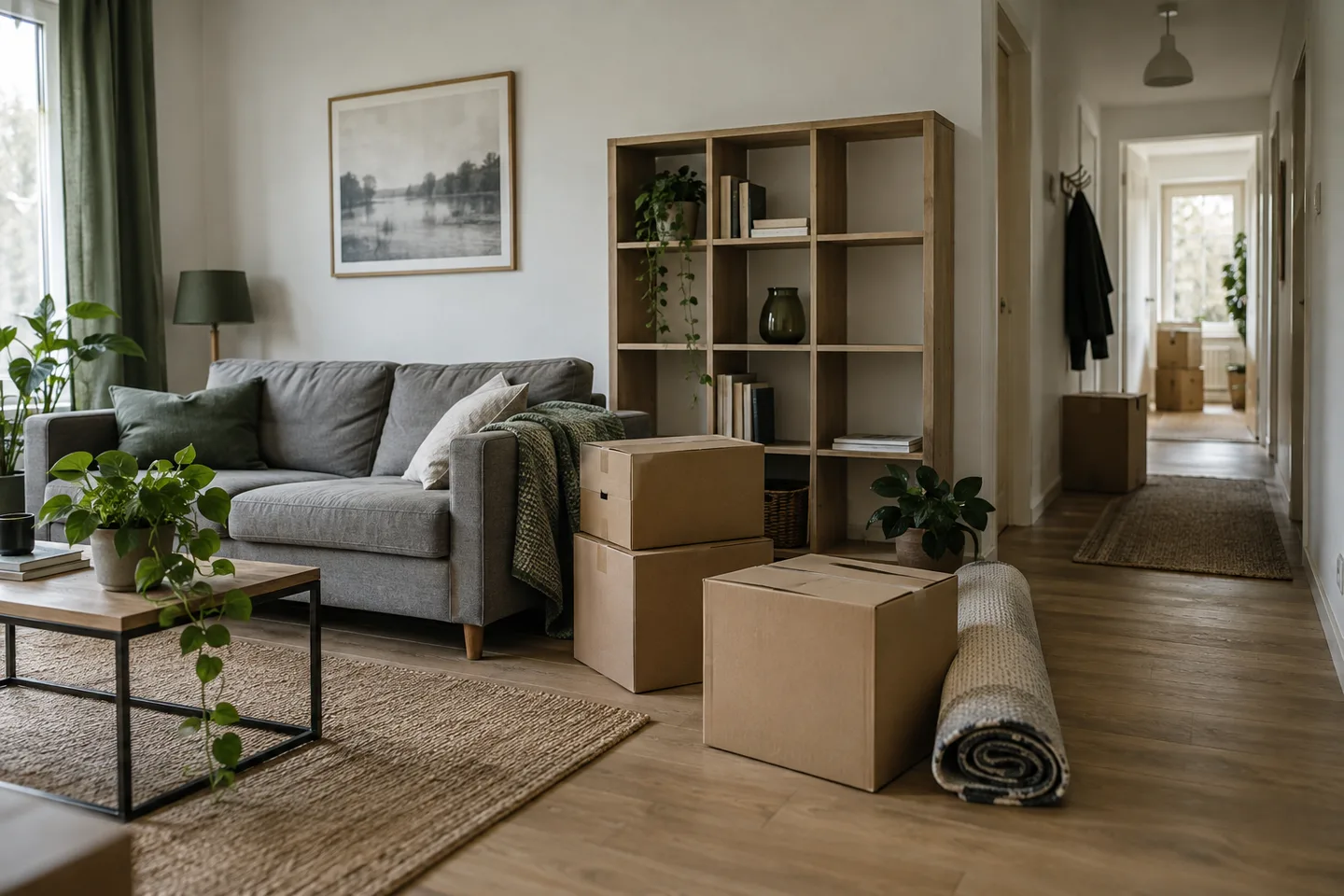 Bibliothèque, chaises et cartons regroupés dans un séjour.