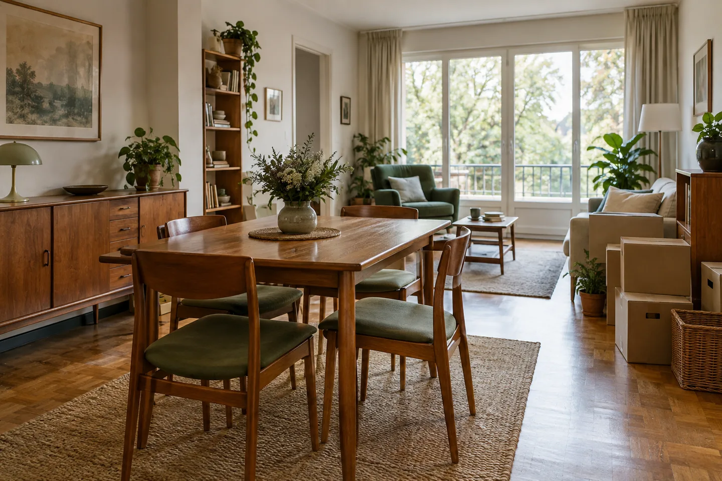 Table de salle à manger, buffet et cartons à inventorier.
