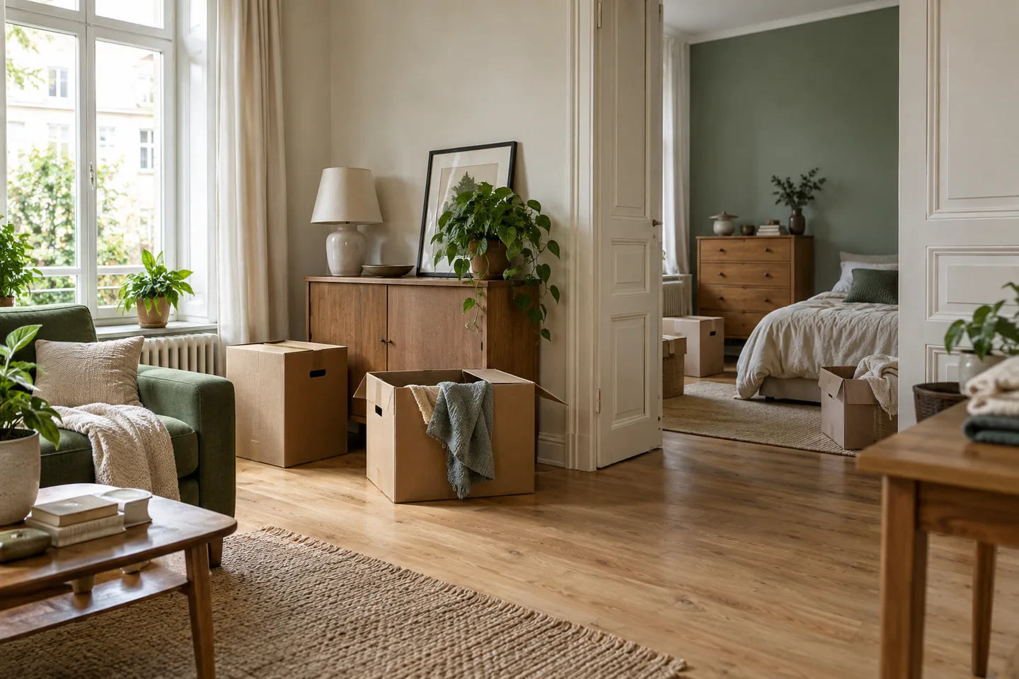 Séjour et chambre avec des cartons et du mobilier à trier.