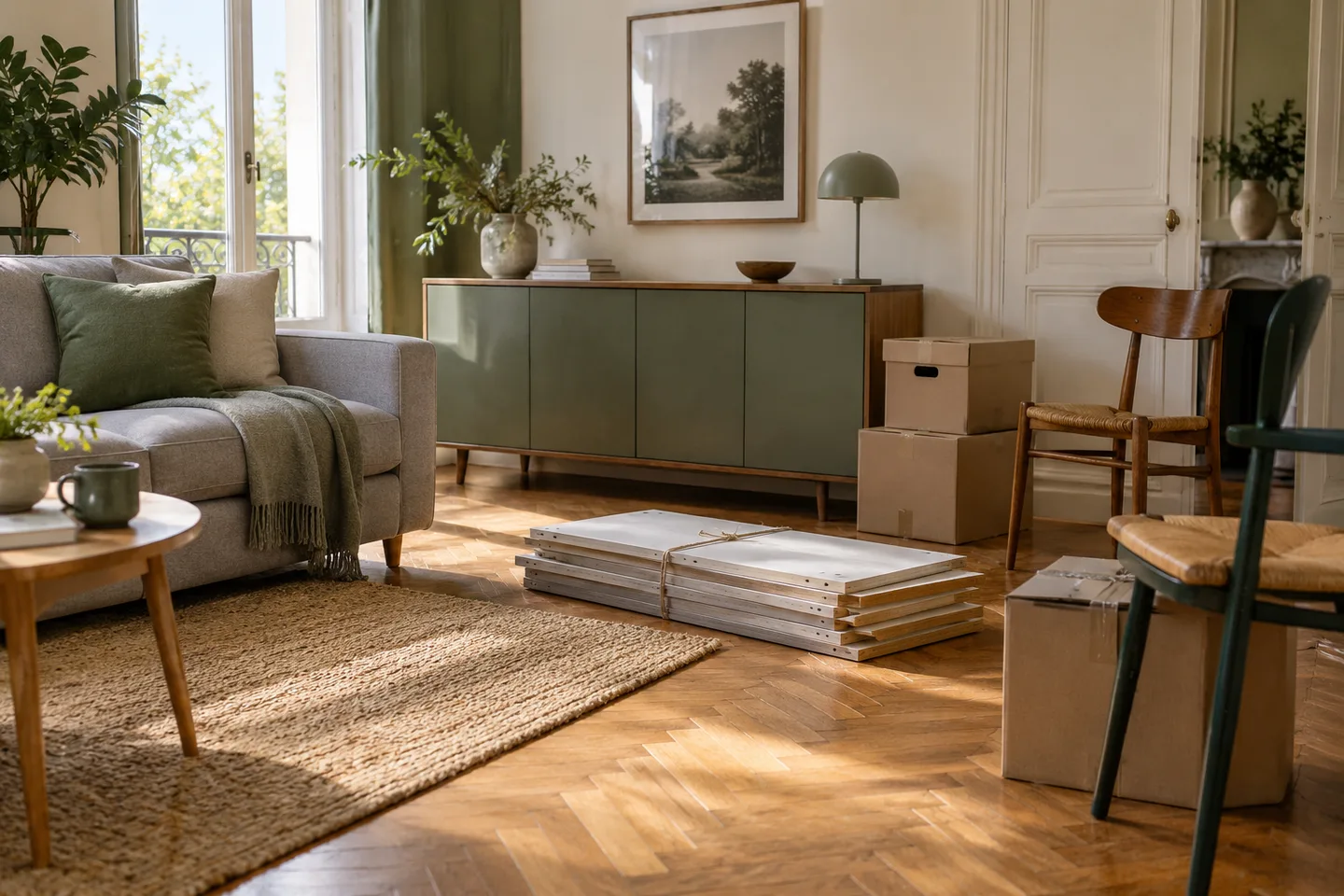 Panneaux de meuble démonté et cartons dans un séjour.