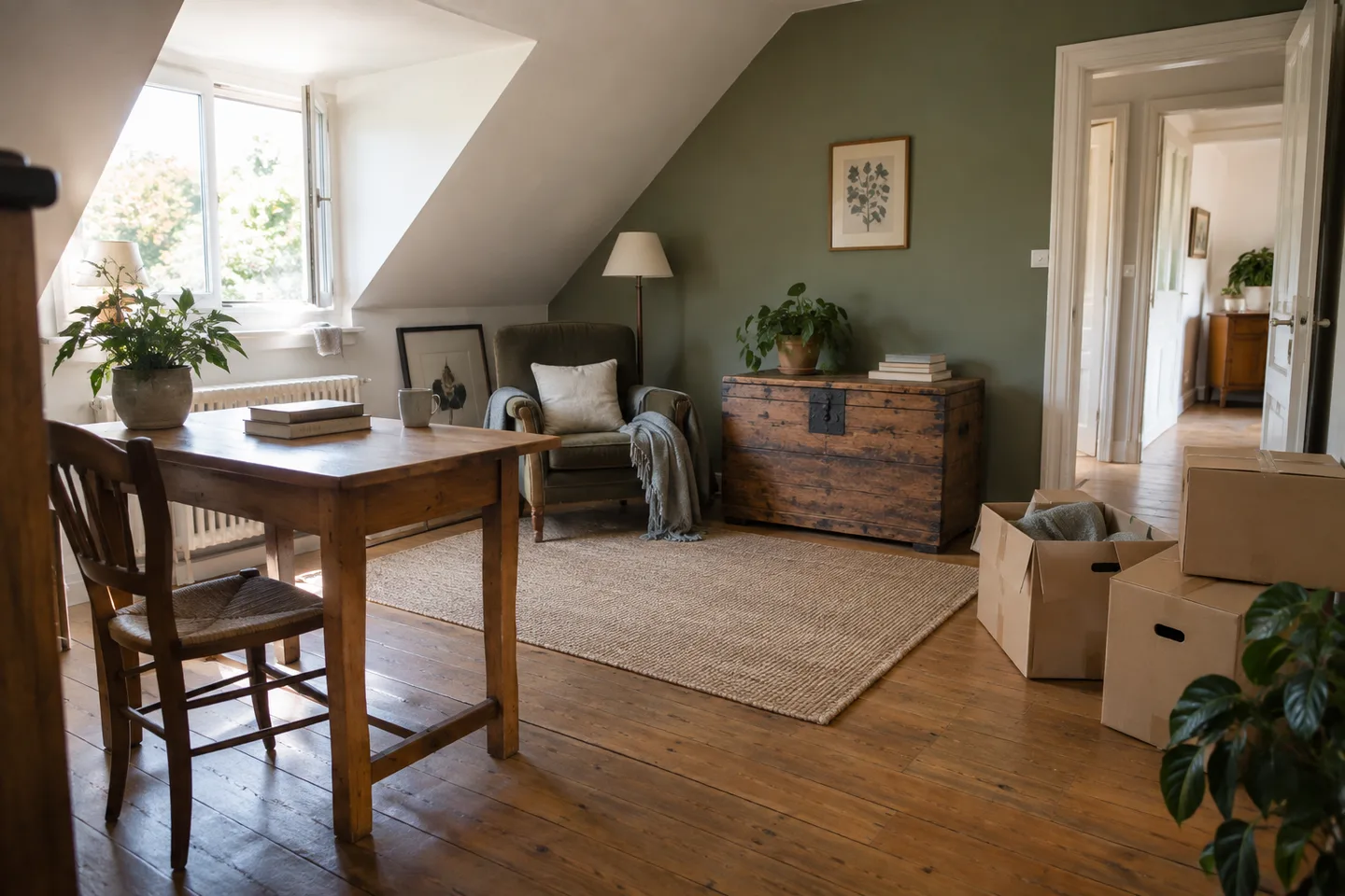 Mobilier et cartons dans un appartement sous les toits.
