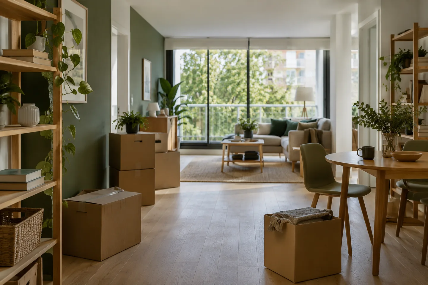 Étagères, cartons et salon ouvert sur un balcon.