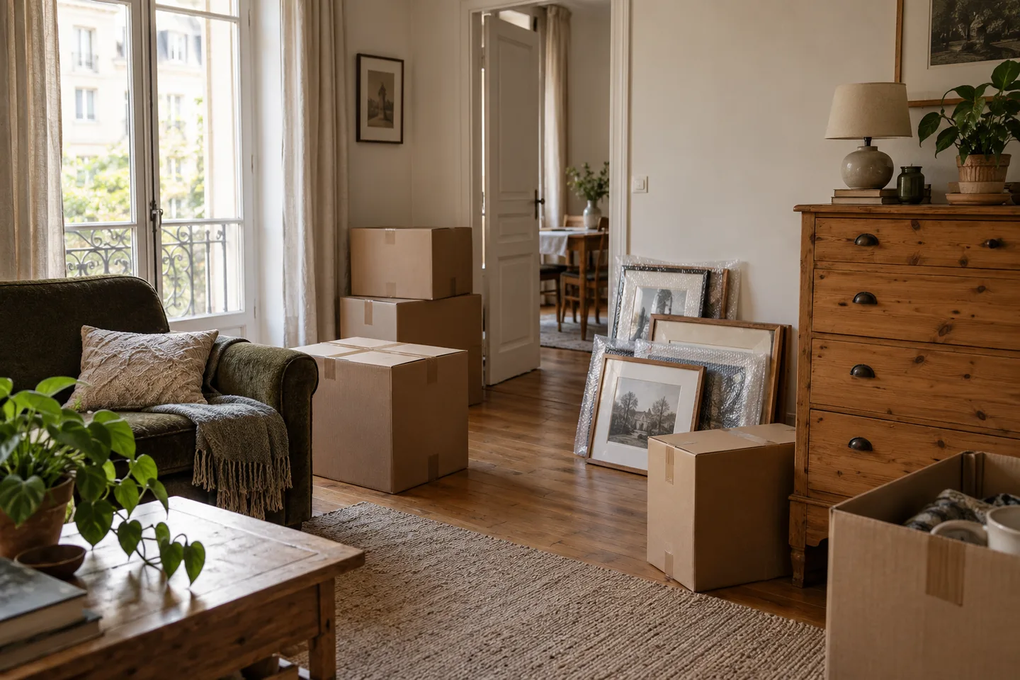Commode, fauteuil, cadres protégés et cartons avant enlèvement.
