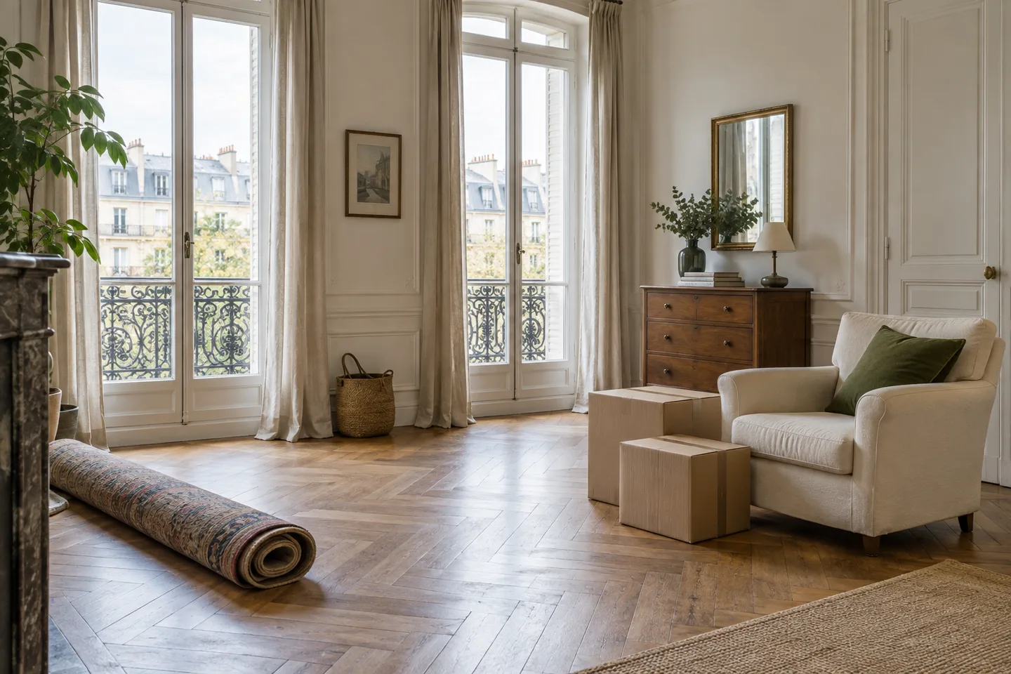 Meubles et cartons préparés dans un appartement aux moulures classiques.