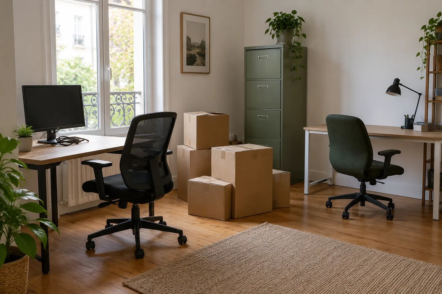 Bureaux, sièges et cartons à enlever dans un espace de travail