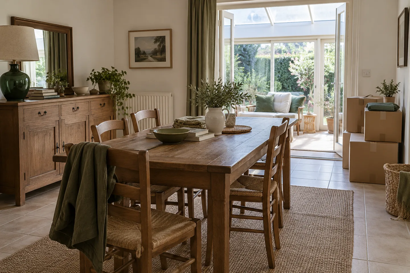 Table, chaises, buffet et cartons dans une salle à manger avec véranda.