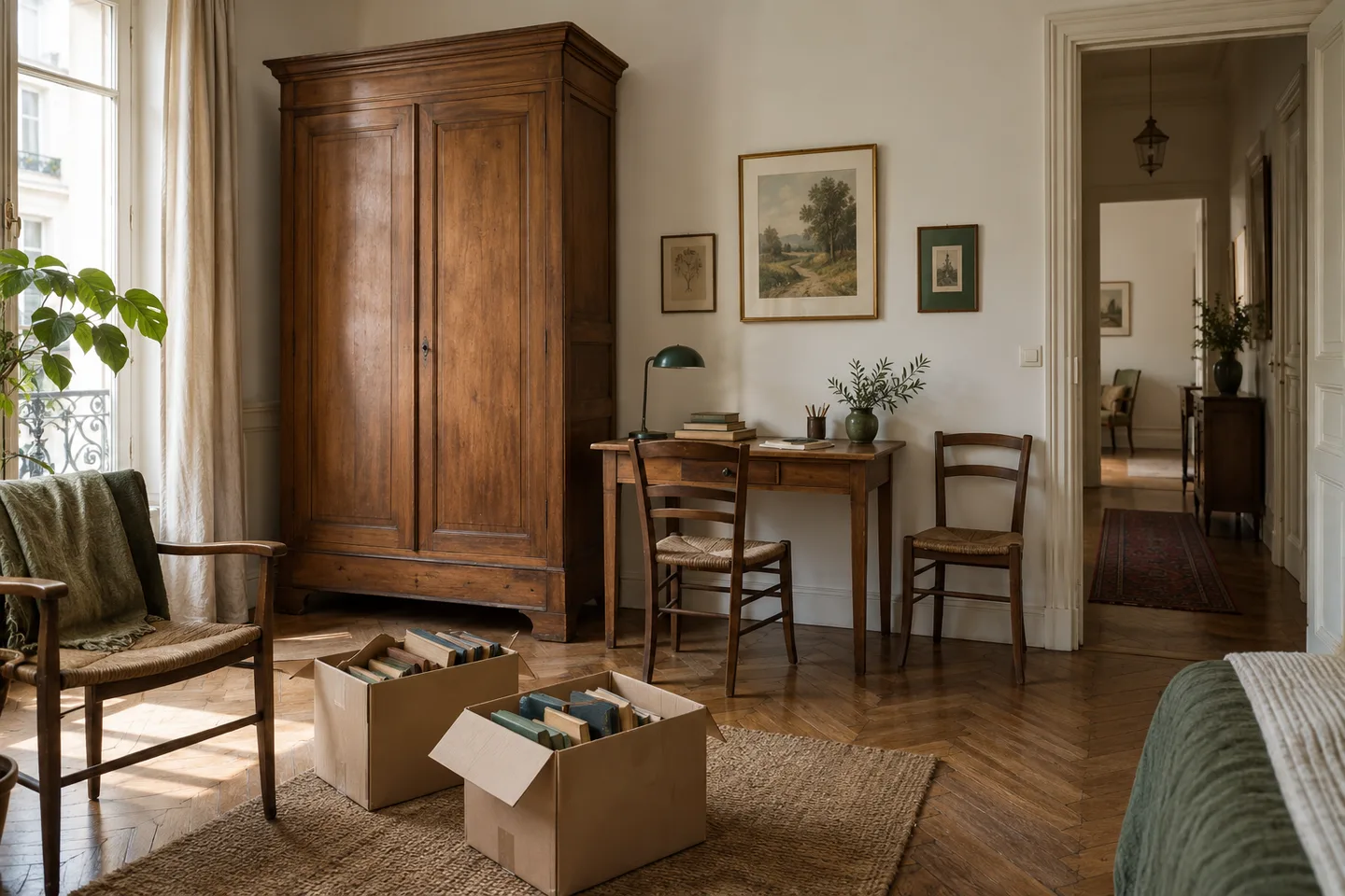 Armoire ancienne, bureau et cartons de livres regroupés avant leur enlèvement.