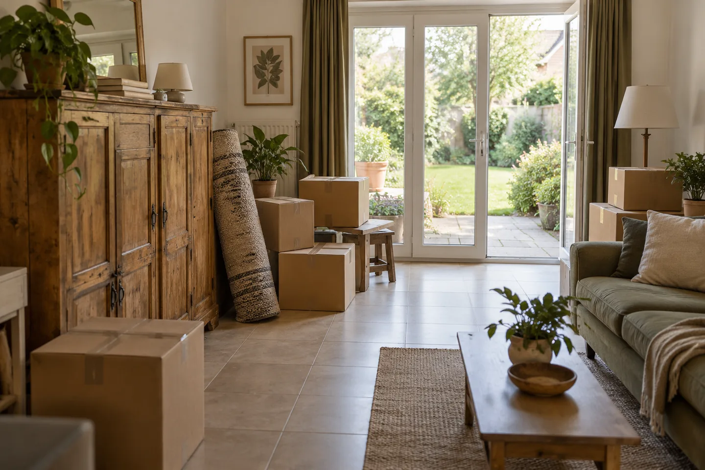 Armoire, canapé et cartons dans une maison donnant sur le jardin.