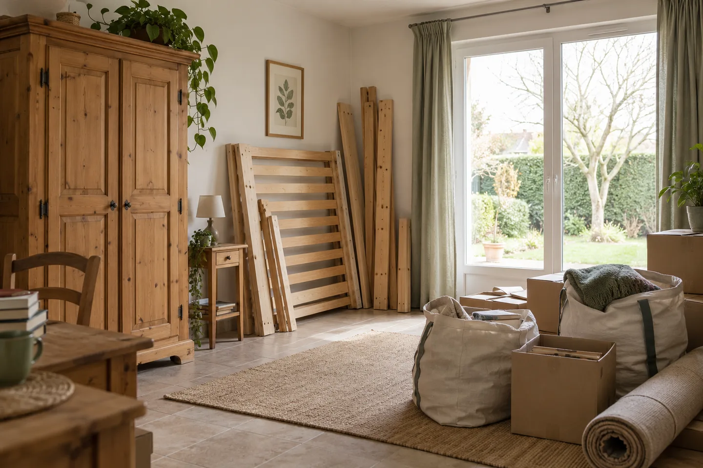 Armoire, panneaux de lit démonté et cartons dans une maison.