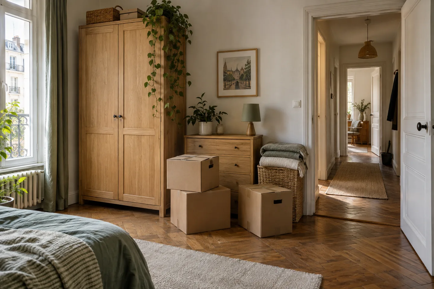 Armoire, commode et cartons dans un appartement avant débarras.