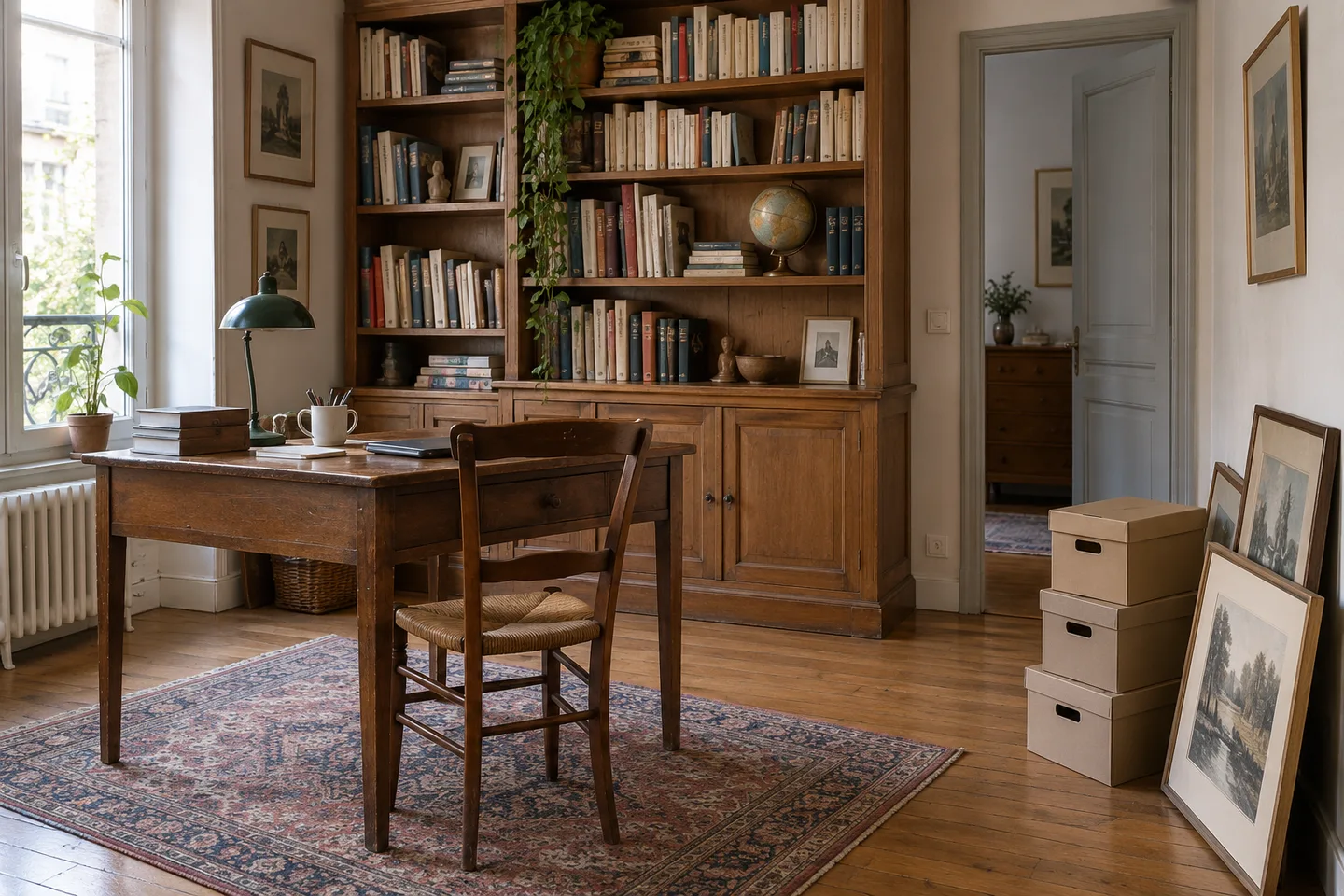 Bibliothèque, bureau en bois et cartons de livres à trier