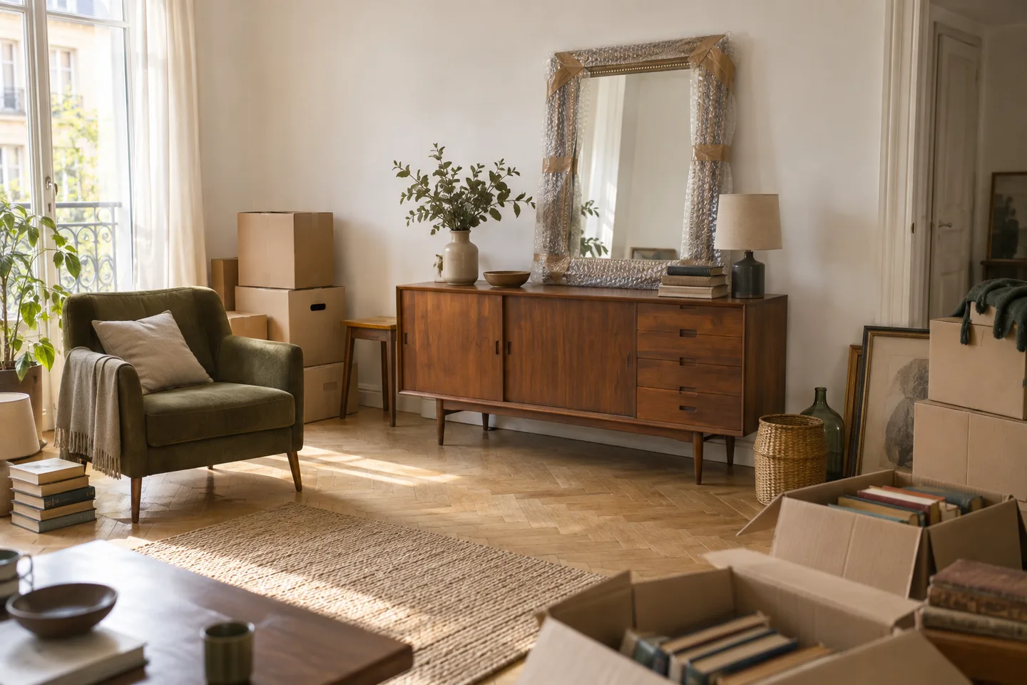 Buffet ancien, miroir et fauteuil avant enlèvement.
