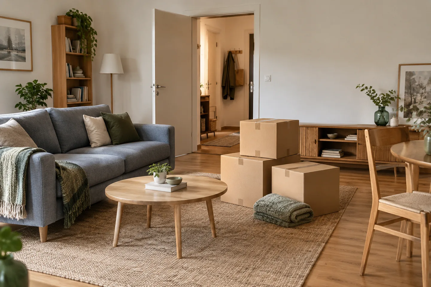Canapé, meuble bas et cartons dans un salon à désencombrer.