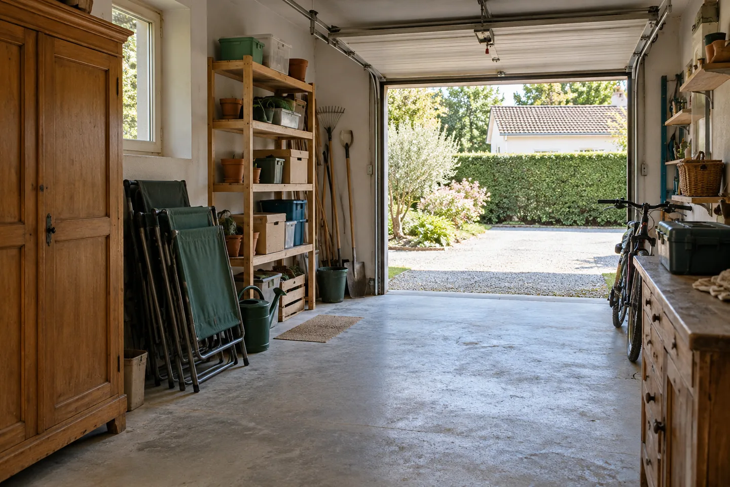 Garage avec armoire, étagères et outils à trier