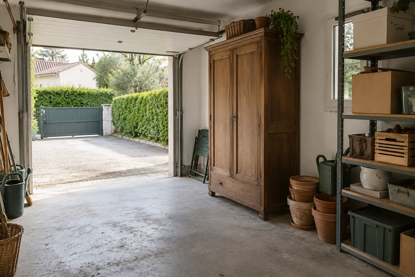 Garage avec armoire, mobilier de jardin et objets stockés sur des étagères