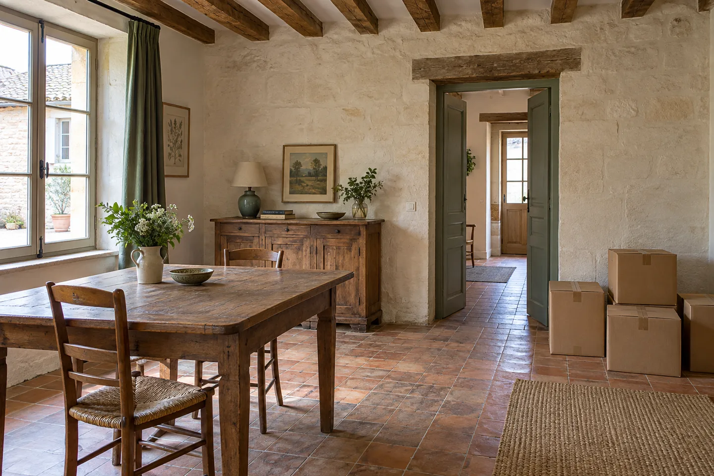 Mobilier ancien et cartons regroupés dans une maison avec poutres apparentes.