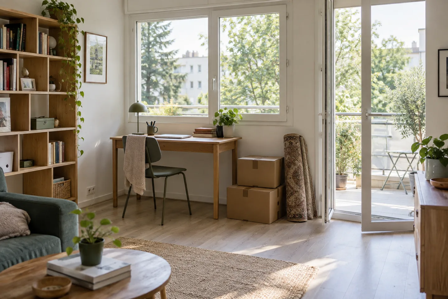 Appartement en cours de préparation avec cartons et accès au balcon.