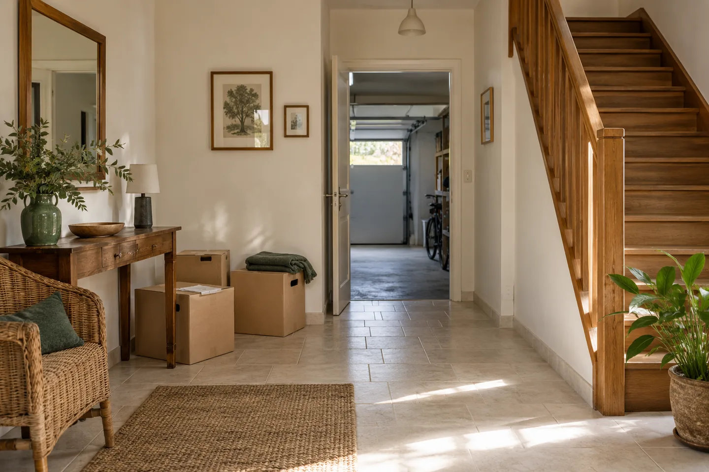 Entrée de maison avec escalier et objets regroupés avant enlèvement.