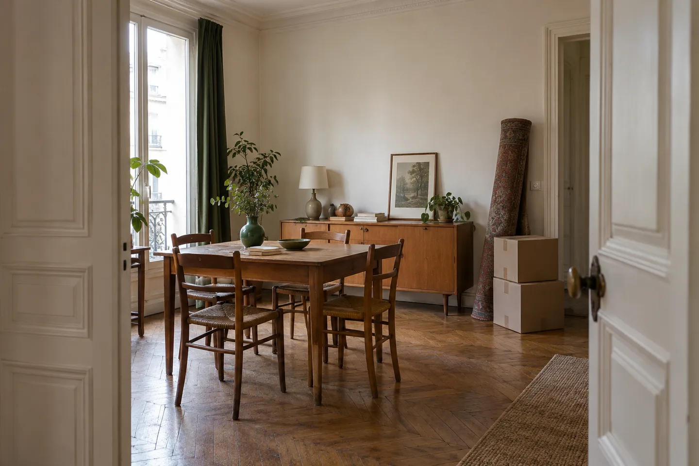 Salle à manger avec table, buffet et cartons avant un débarras