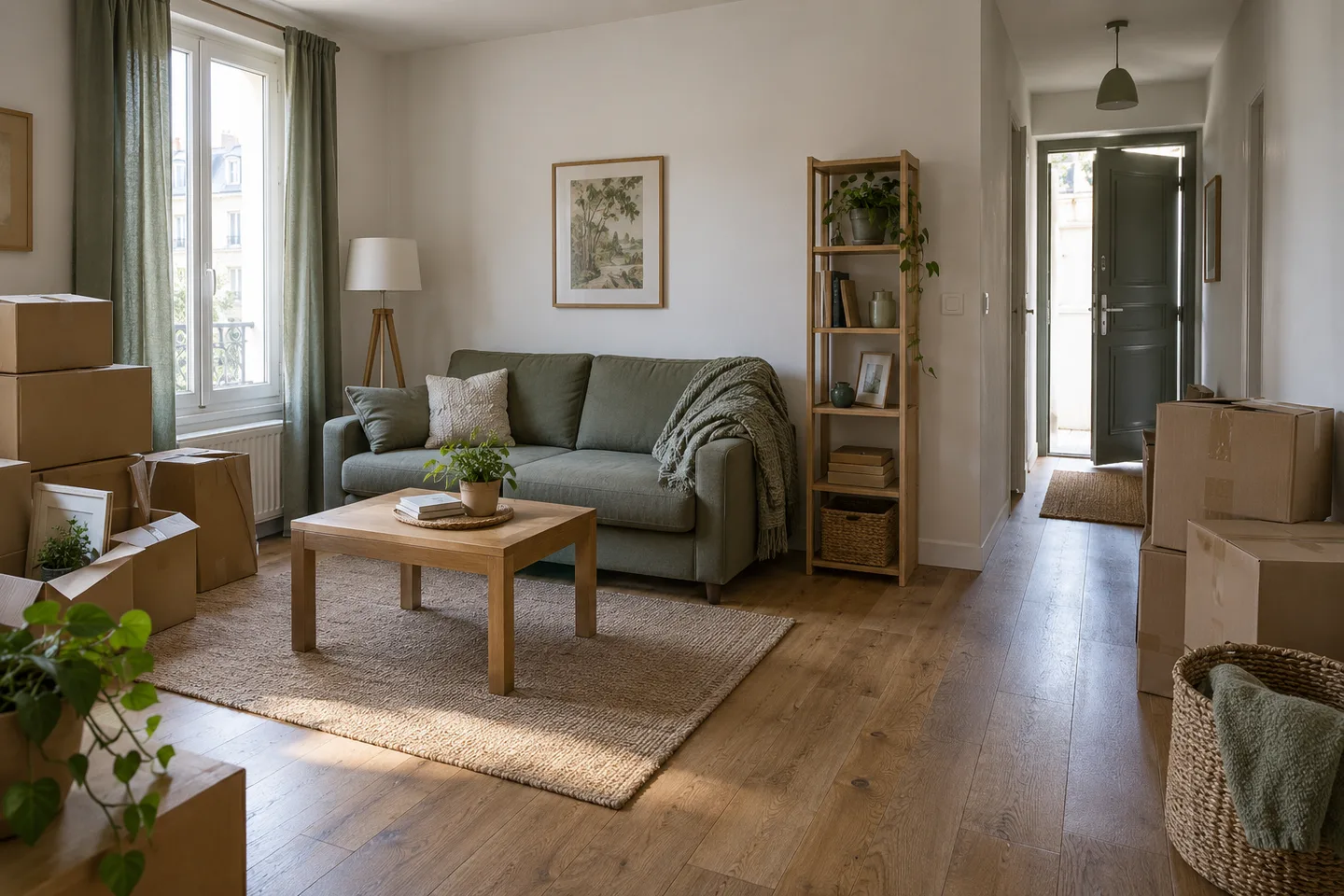 Canapé, petite table et cartons regroupés dans un appartement.