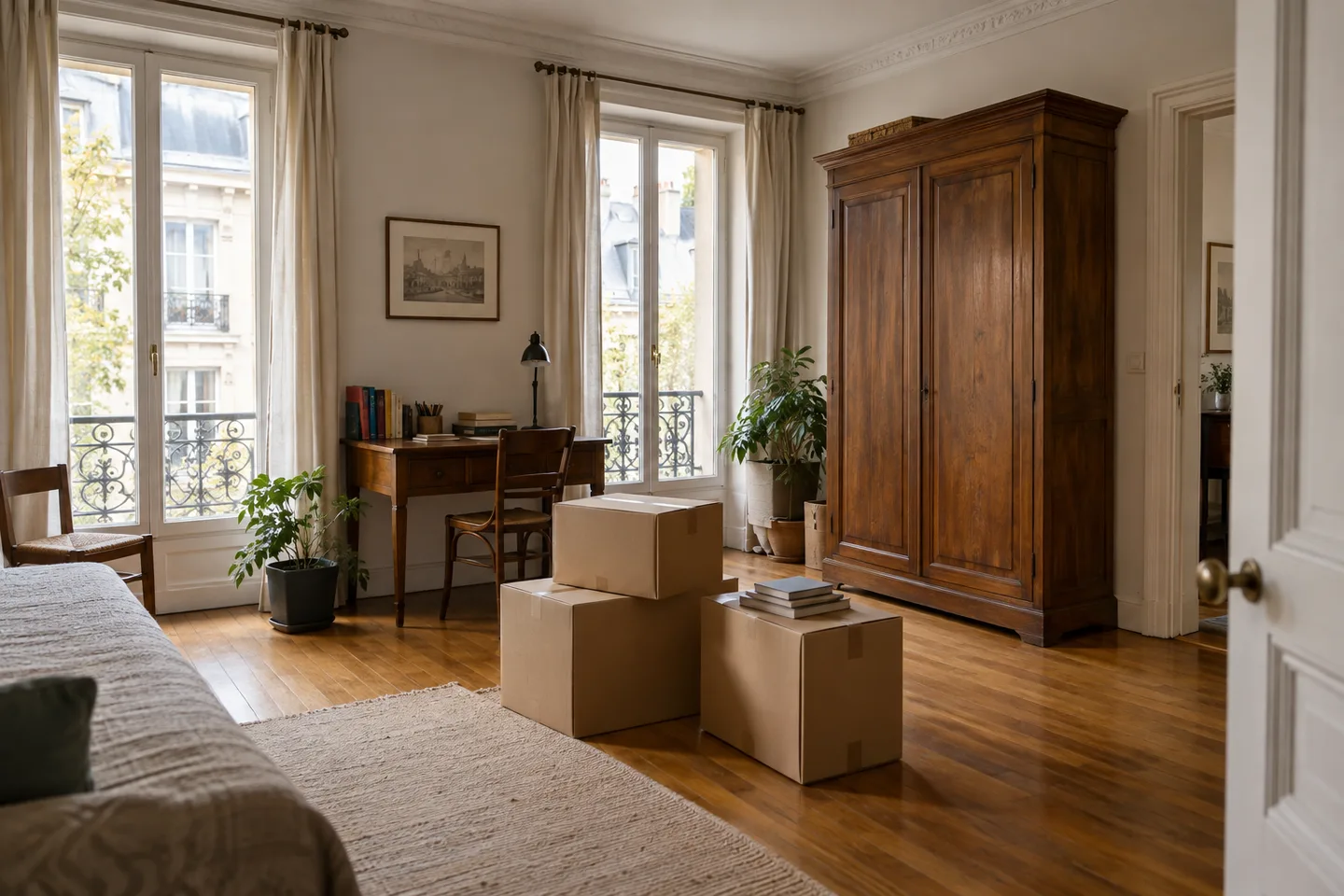 Armoire, bureau et cartons dans un appartement aux moulures sobres.