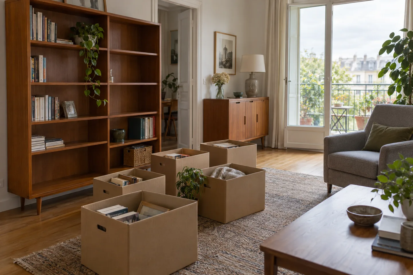 Bibliothèque, fauteuil et cartons de livres dans un appartement à vider.