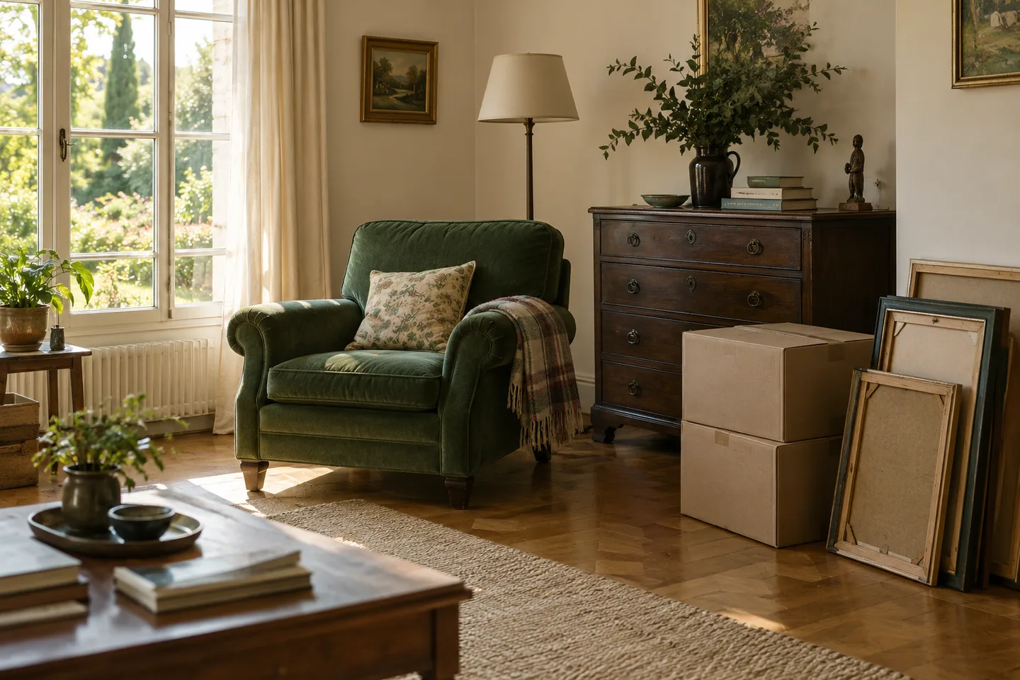 Fauteuil, commode et cartons dans une pièce à débarrasser