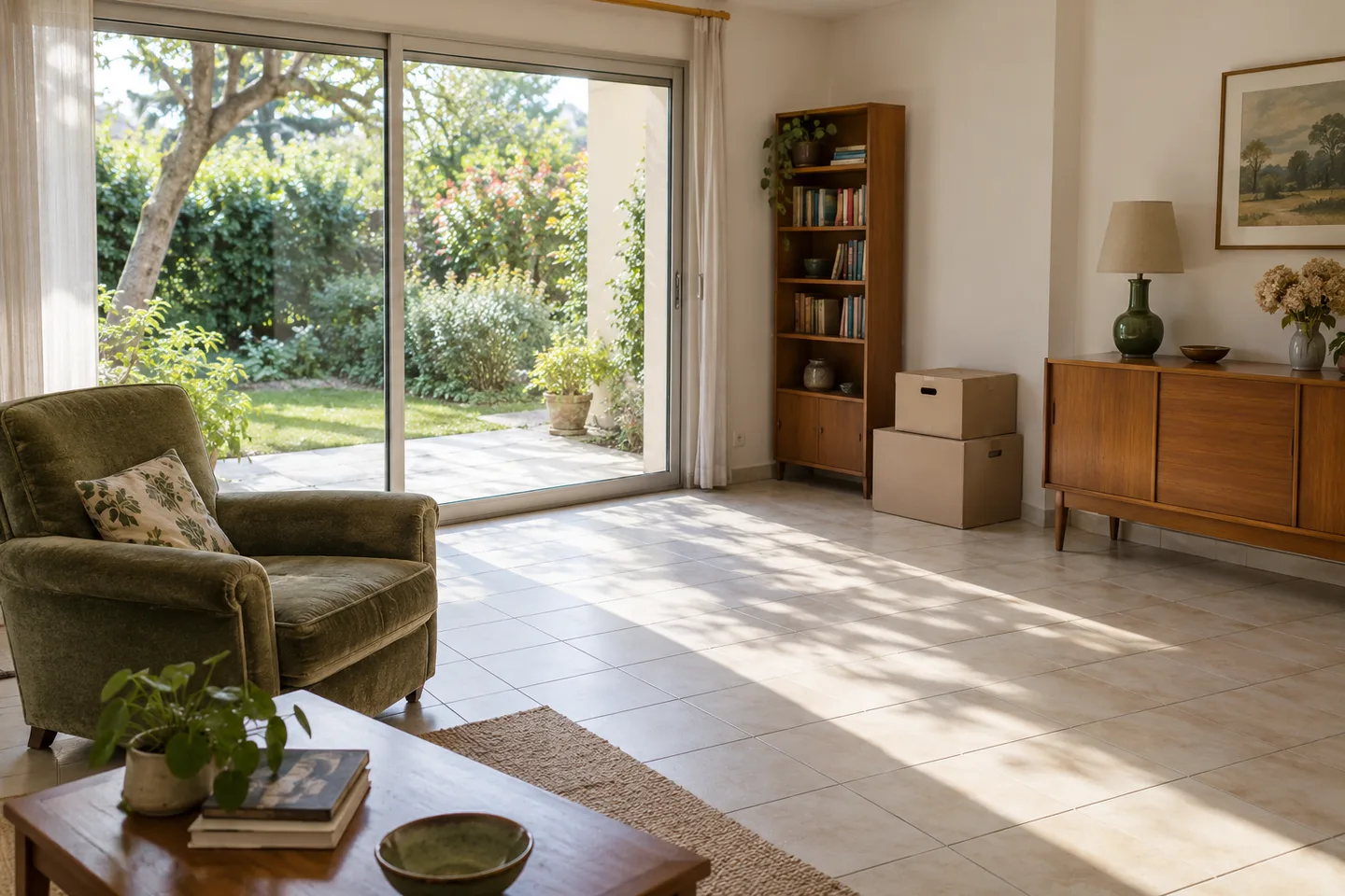 Pièce de vie d’un pavillon avec mobilier à enlever et accès au jardin.