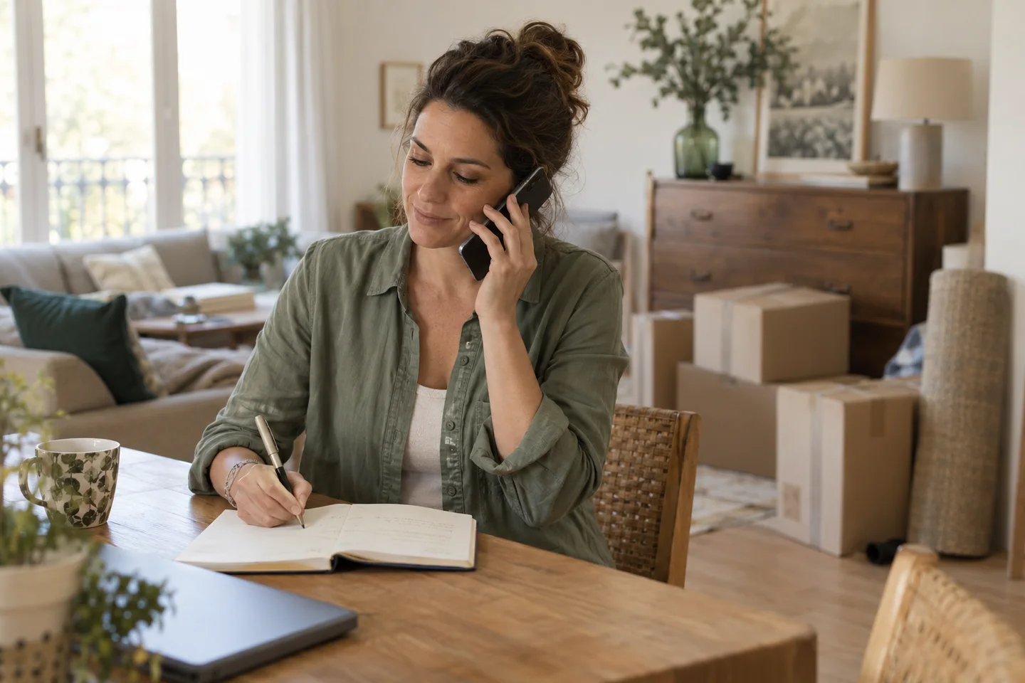 Une personne échange au téléphone et prend des notes pour préparer son projet de débarras.