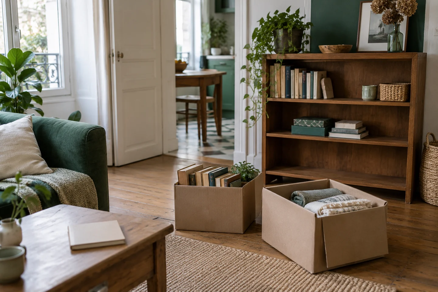 Livres et linge triés dans des cartons devant une bibliothèque partiellement libérée.