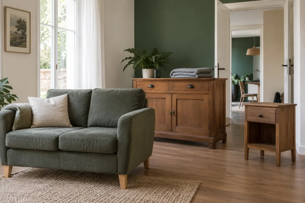 Canapé, buffet et table de chevet dans un séjour avant enlèvement du mobilier.