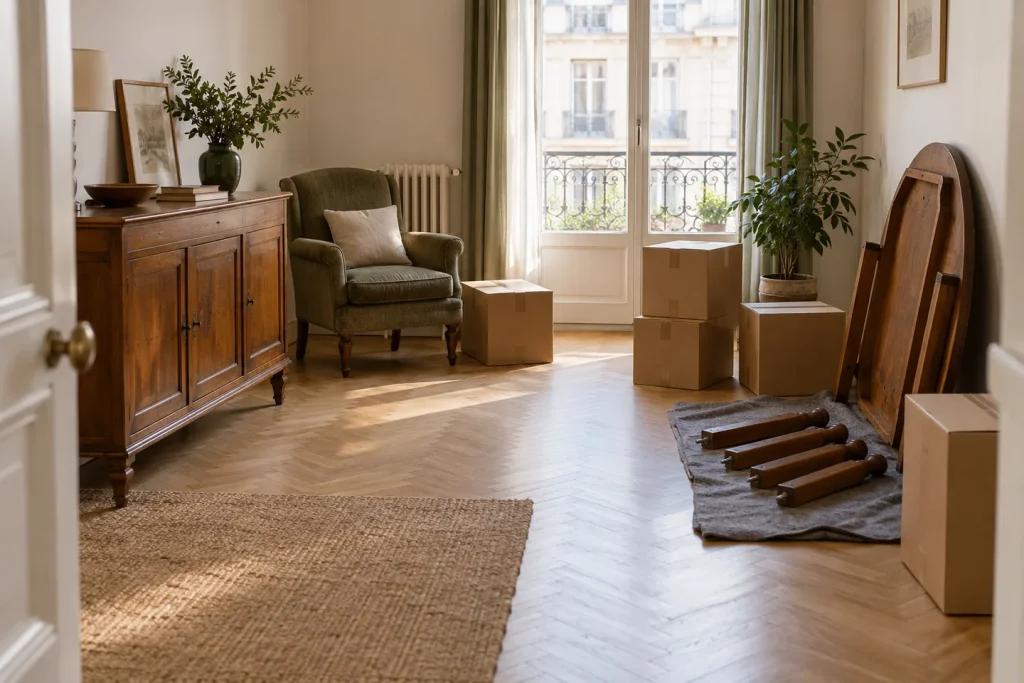 Meubles, table démontée et cartons dans un appartement avec un passage dégagé vers la porte.