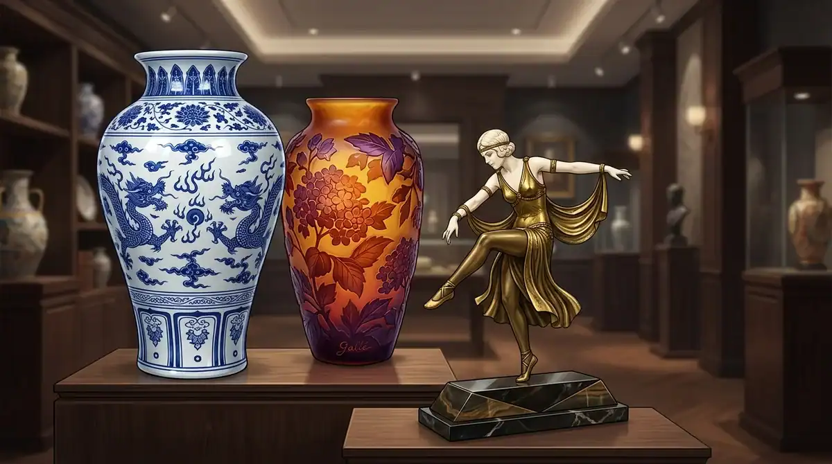 Vase Ming, verre Gallé et statue Art Déco : illustration des objets d'antiquité les plus recherchés en 2026.