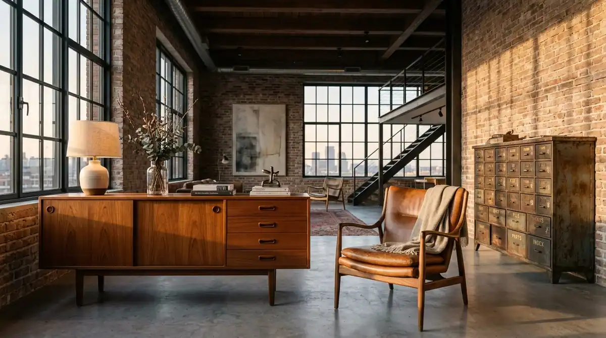 Enfilade scandinave en teck et mobilier vintage dans un loft, antiquités tendances pour 2026.