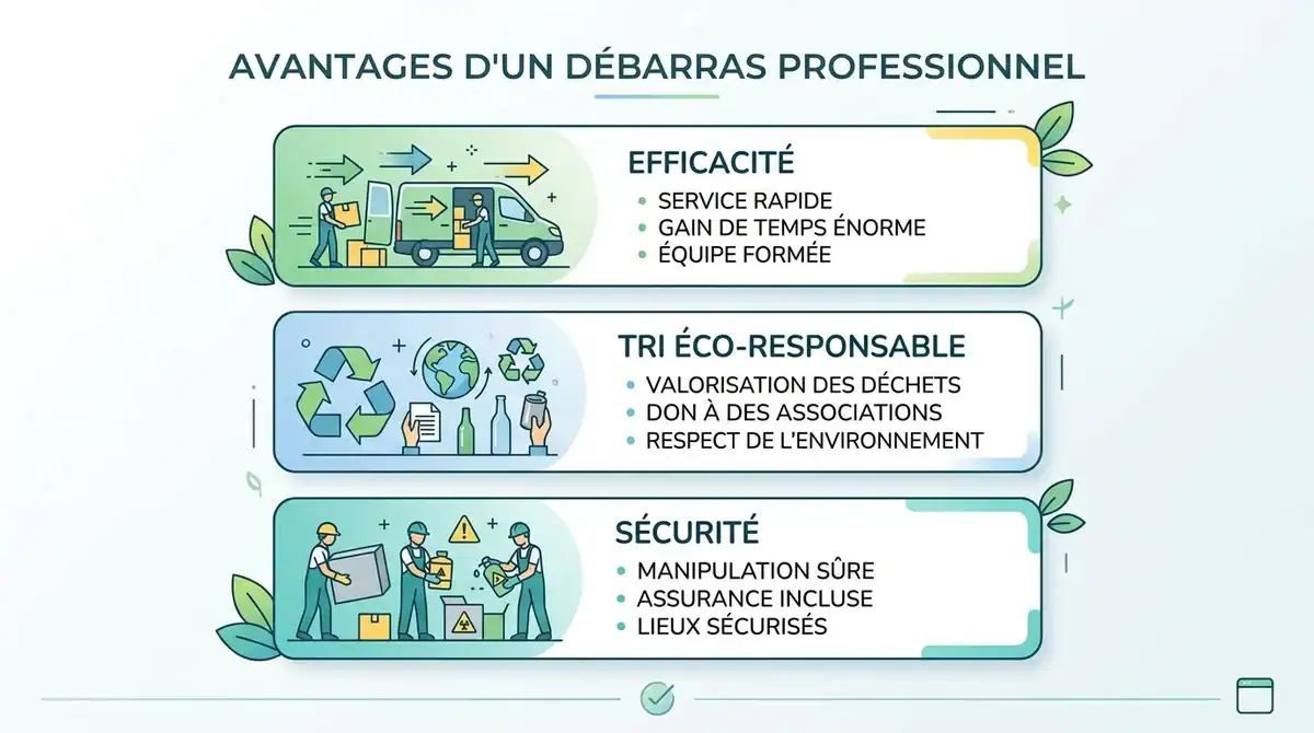Infographie sur les avantages d'un débarras professionnel : efficacité, tri éco-responsable et sécurité.