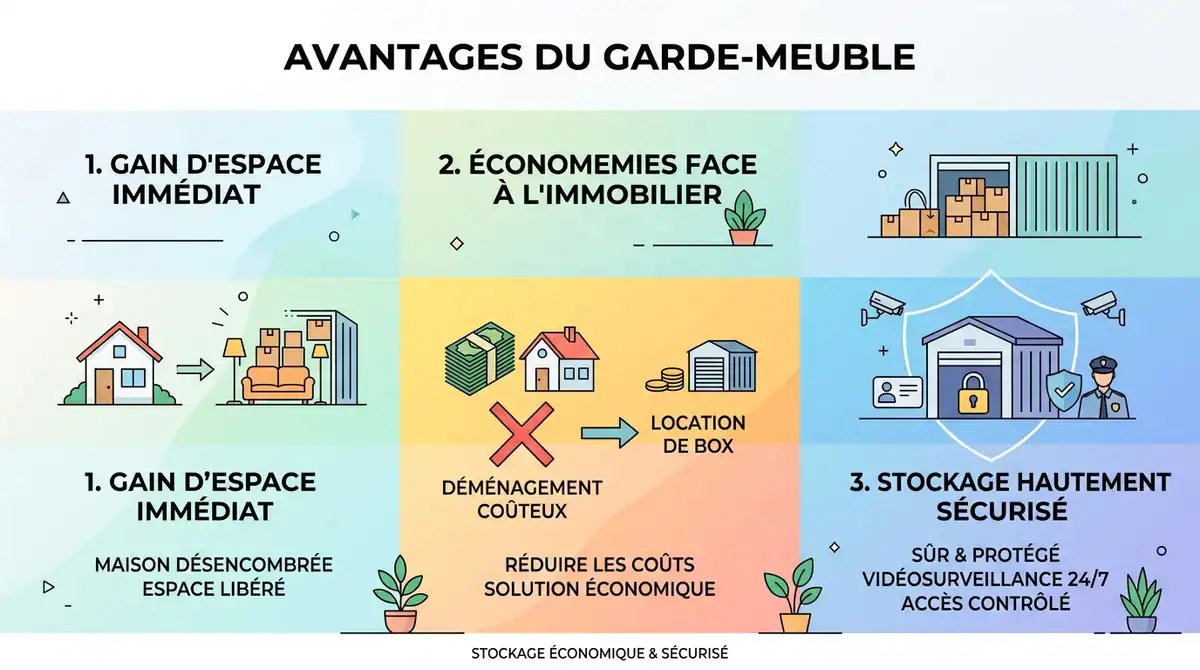 Infographie montrant les avantages du garde-meuble : gain d'espace, économies immobilières et stockage sécurisé.