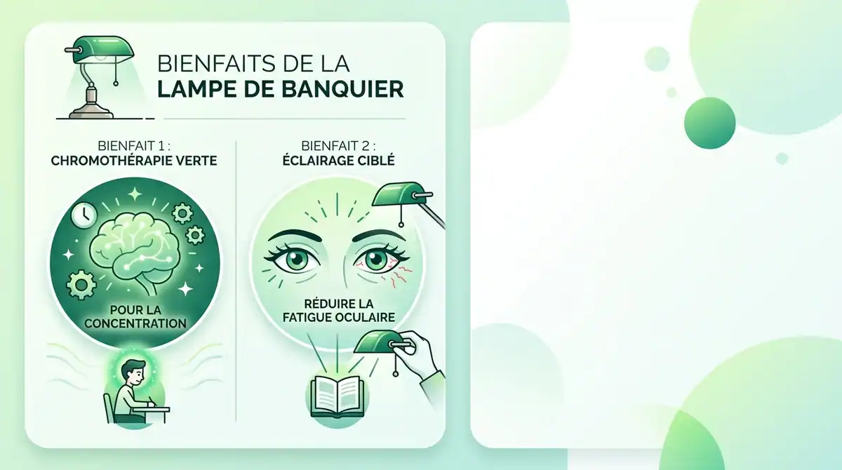Infographie bienfaits lampe de banquier : concentration et réduction fatigue oculaire.