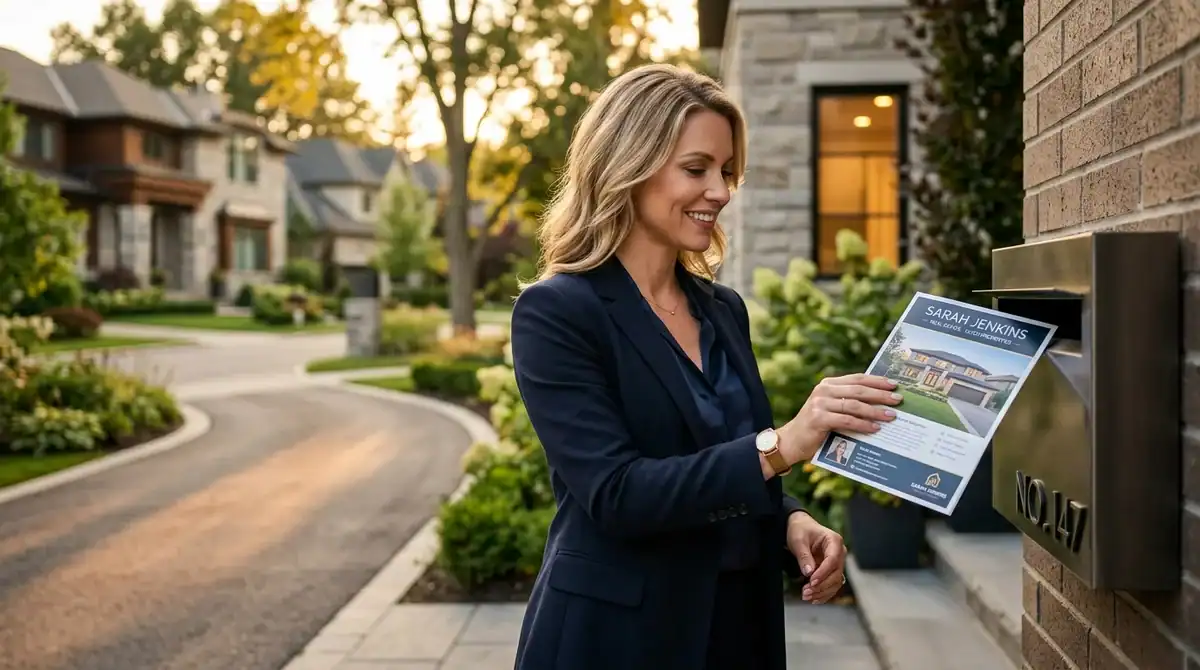 Agent immobilier effectuant un boîtage avec un prospectus pour capter des mandats de vente immobiliers.