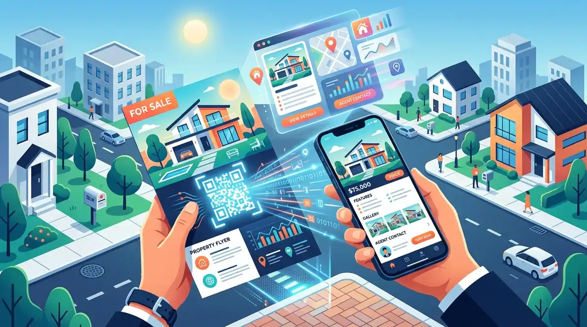 Illustration de boîtage immobilier avec flyer et QR code pour capter des mandats en 2026 via smartphone.