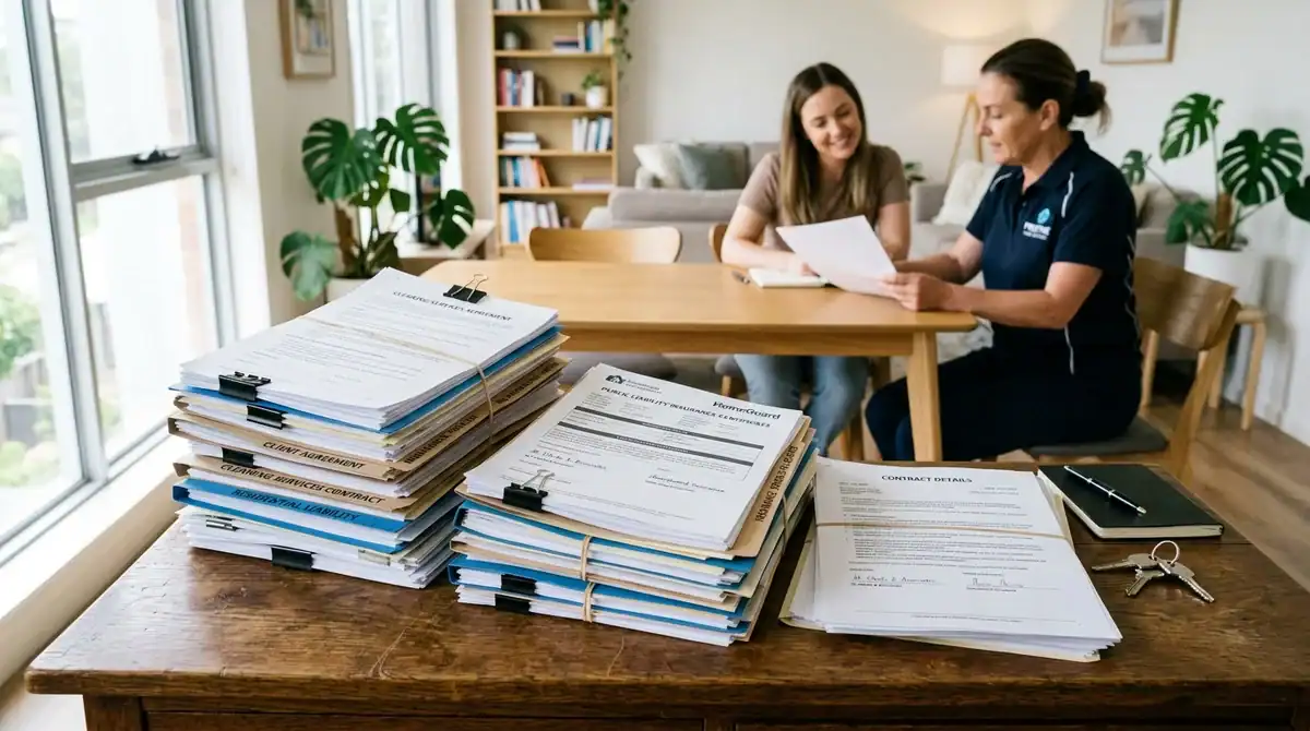 Expert en débarras discutant avec un client et présentant les documents d'assurance obligatoires pour un service fiable